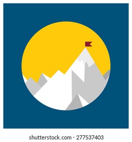 Vector flat flag on mountain. Success illustration. Goal achievement. Business concept. Winning of competition or triumph design. our mission brochure title page template vector illustration