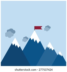 Vector flat flag on mountain. Success illustration. Goal achievement. Business concept. Winning of competition or triumph design. our mission brochure title page template vector illustration