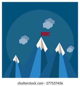 Vector flat flag on mountain. Success illustration. Goal achievement. Business concept. Winning of competition or triumph design. our mission brochure title page template vector illustration