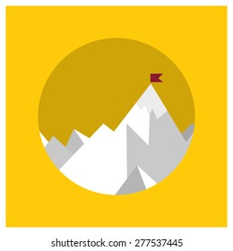 Vector flat flag on mountain. Success illustration. Goal achievement. Business concept. Winning of competition or triumph design. our mission brochure title page template vector illustration