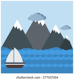 Vector flat flag on mountain. Success illustration. Goal achievement. Business concept. Winning of competition or triumph design. our mission brochure title page template vector illustration
