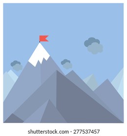 Vector flat flag on mountain. Success illustration. Goal achievement. Business concept. Winning of competition or triumph design. our mission brochure title page template vector illustration