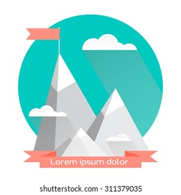 Vector flat flag on mountain. Mission. Success illustration. Top Point Flag Goal achievement. Business concept. Winning of competition or triumph design.