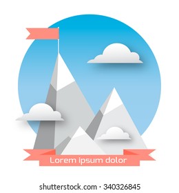 Vector flat flag on mountain. Mission. Success illustration. Top Point Flag Goal achievement. Business concept. Winning of competition or triumph design.