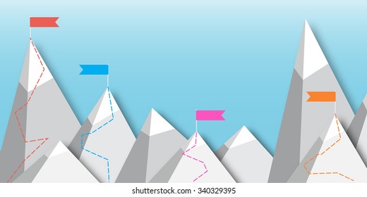 Vector flat flag on mountain. Choose you way. Mission. Success illustration. Top Point Flag Goal achievement. Business concept. Winning of competition or triumph design.
