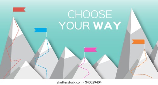 Vector flat flag on mountain. Choose you way. Mission. Success illustration. Top Point Flag Goal achievement. Business concept. Winning of competition or triumph design.
