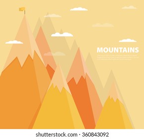 Vector flat flag on mountain. Success illustration. Goal achievement. Business concept.