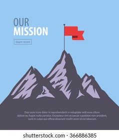 Vector Flat Flag On Mountain. Success Illustration. Goal Achievement. Business Concept. 