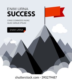 Vector flat flag on mountain. Success illustration. 