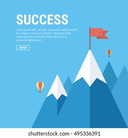 Vector flat flag on mountain. Success illustration. Goal achievement. Business concept. Winning of competition or triumph design. our mission brochure title page template vector illustration