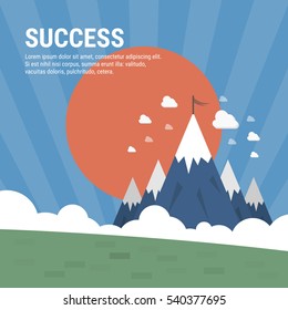 Vector flat flag on mountain. Success illustration. Goal achievement. Business concept. Winning of competition or triumph design. our mission brochure title page template vector illustration