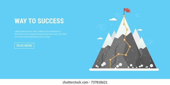 Vector flat flag on mountain. Success illustration. Goal achievement. Business concept. Winning of competition or triumph design. our mission brochure title page template vector illustration