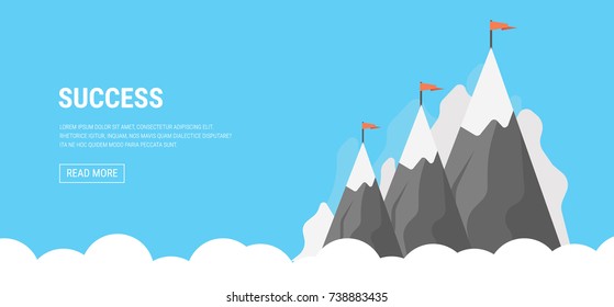 Vector flat flag on mountain. Success illustration. Goal achievement. Business concept. Winning of competition or triumph design. our mission brochure title page template vector illustration