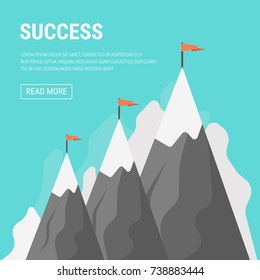 Vector flat flag on mountain. Success illustration. Goal achievement. Business concept. Winning of competition or triumph design. our mission brochure title page template vector illustration