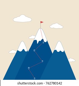 Vector flat flag on mountain. Success illustration. Business concept of goal, achievement, competition and triumph design.