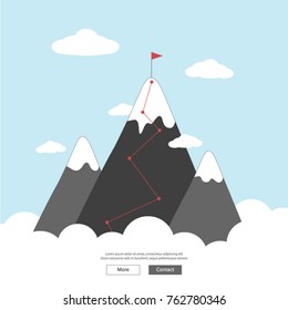Vector flat flag on mountain. Success illustration. Business concept of goal, achievement, competition and triumph design.