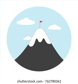 Vector flat flag on mountain. Success illustration. Business concept of goal, achievement, competition and triumph design.