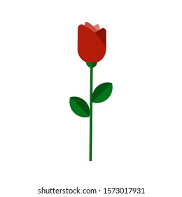 Vector flat flower icon. Vector rose illustration, flat style. Red rose with green leaves isolated on white background. Flat rose icon, vector flower illustration, minimalistic rose colored icon