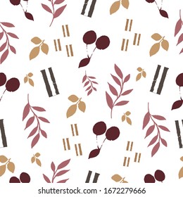 Vector flat flowers, leaves and berries cherry  icons silhouette seamless pattern. design gift wrapping paper, greeting cards, posters and banner design