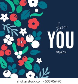 Vector flat flowers, leaves and berries color silhouette background. Creative cute bright beautiful design for stickers, labels, tags, greeting cards, posters and banner design