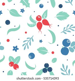 Vector flat flowers, leaves and berries icons silhouette seamless pattern. Cute bright color design for stickers, labels, tags, gift wrapping paper, greeting cards, posters and banner design