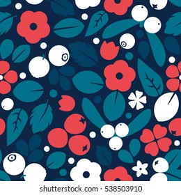 Vector flat flowers, leaves and berries color silhouette seamless pattern. Creative folk design illustration