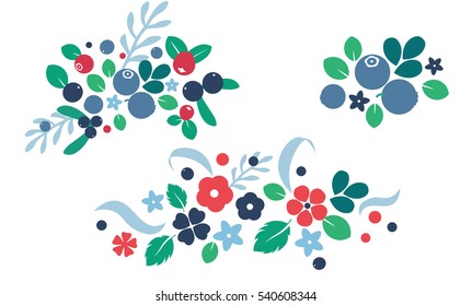 Vector flat flowers, leaves and berries color silhouette background. Creative design illustration for stickers, labels, tags, greeting cards, posters and banner design