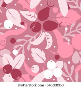 Vector flat flowers, leaves and berries icons silhouette seamless pattern. Cute bright color design for stickers, labels, tags, gift wrapping paper, greeting cards, posters and banner design