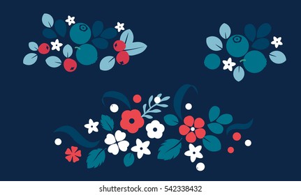 Vector flat flowers, leaves and berries color silhouette background. Creative design illustration for stickers, labels, tags, greeting cards, posters and banner design