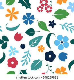 Vector flat flowers, leaves and berries icons silhouette seamless pattern. Cute bright color design for stickers, labels, tags, gift wrapping paper, greeting cards, posters and banner design