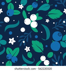 Vektorflache Blumen, Blätter und Beeren Symbole Silhouette nahtloses Muster. Geschenkpapier, Grußkarten, Poster und Bannerdesign
