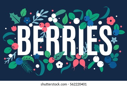Vector flat flowers, leaves and berries color background. Creative cute bright beautiful design for greeting cards, textille printings