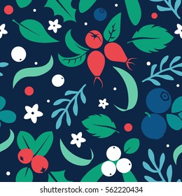 Vector flat flowers, leaves and berries seamless pattern. Cute design for gift wrapping paper, greeting cards, posters and banner design