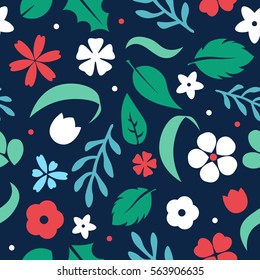 Vector flat flowers, leaves and berries icons seamless pattern. Cute bright color design for gift wrapping paper, greeting cards, posters and banner design