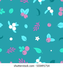 Vector flat flowers, leaves and blueberries icons silhouette seamless pattern. Cute soft color design for stickers, labels, tags, gift wrapping paper, greeting cards, posters and banner design