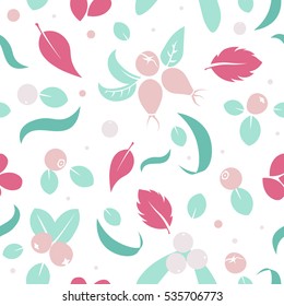 Vector flat flowers, leaves and blueberries icons silhouette seamless pattern. Cute soft color design for stickers, labels, tags, gift wrapping paper, greeting cards, posters and banner design