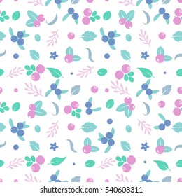 Vector flat flowers, leaves and blueberries icons silhouette seamless pattern. Cute soft color design for stickers, labels, tags, gift wrapping paper, greeting cards, posters and banner design