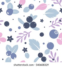 Vector flat flowers, leaves and blueberries icons silhouette seamless pattern. Cute soft color design for stickers, labels, tags, gift wrapping paper, greeting cards, posters and banner design