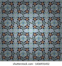 Vector flat flowers and leaves silhouette seamless pattern. Cute design in gray, blue and brown colors for stickers, labels, tags, gift wrapping paper and banner design.