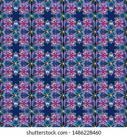 Vector flat flowers and leaves silhouette seamless pattern. Cute design in blue, magenta and gray colors for stickers, labels, tags, gift wrapping paper and banner design.