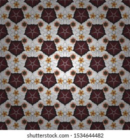Vector flat flowers and leaves silhouette seamless pattern. Cute design in brown, orange and white colors for stickers, labels, tags, gift wrapping paper and banner design.
