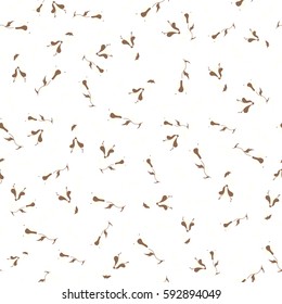 Vector flat flowers and leaves silhouette seamless pattern over white backdrop. Cute design in brown colors for stickers, labels, tags, gift wrapping paper and banner design.