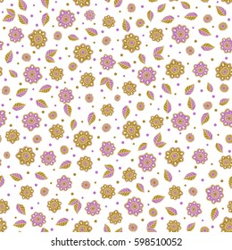 Vector flat flowers and leaves silhouette seamless pattern over white backdrop. Cute design in violet and yellow colors for stickers, labels, tags, gift wrapping paper and banner design.