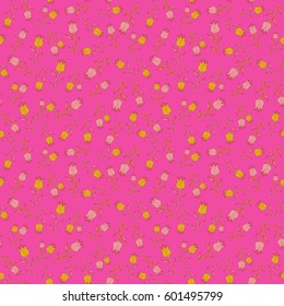 Vector flat flowers and leaves silhouette seamless pattern over pink backdrop. Cute design for stickers, labels, tags, gift wrapping paper and banner design.