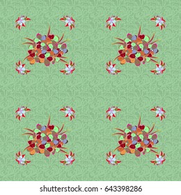 Vector flat flowers and leaves silhouette seamless pattern. Cute design in green and blue colors for stickers, labels, tags, gift wrapping paper and banner design.