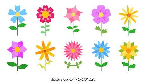 Vector flat flowers on stems in retro style, for the decor of postcards, advertising brochures of children clothing, dishes, for room decoration