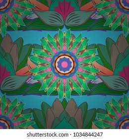 Vector flat flowers seamless pattern. Design gift wrapping paper, greeting cards, posters and banner design. Flowers on green, blue and brown colors.