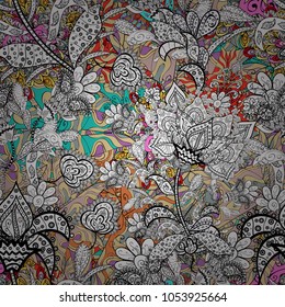 Vector flat flowers seamless pattern. Design gift wrapping paper, greeting cards, posters and banner design. Flowers on white, black and gray colors.