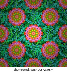 Vector flat flowers seamless pattern. Design gift wrapping paper, greeting cards, posters and banner design. Flowers on green, orange, blue, pink and black colors.