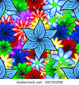 Vector flat flowers seamless pattern. Blue petal flowers. Design gift wrapping paper, greeting cards, posters and banner design. Flowers on blue, green, red, black and gray colors.